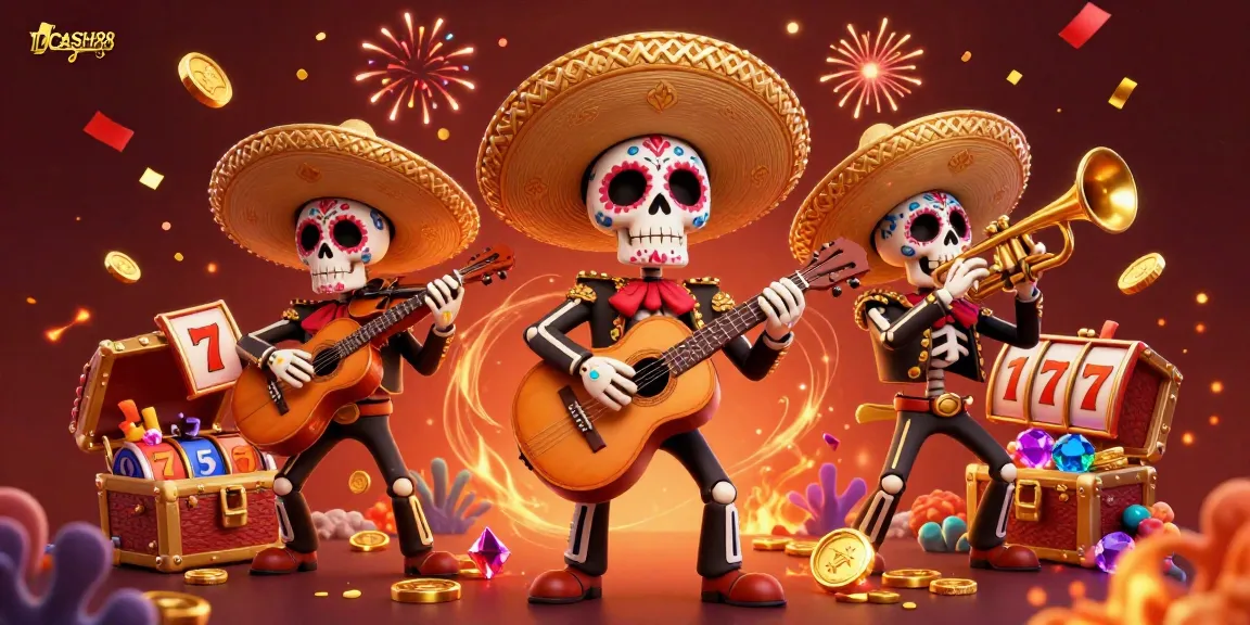 Win big with IDCASH88 in an immersive 3D slot gaming scene featuring vibrant mariachi characters.