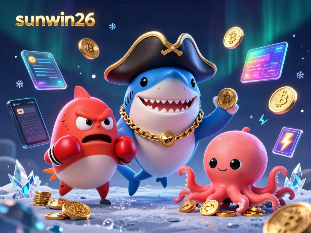 Engage with sunwin26's captivating 3D casino-themed illustration featuring a shark, pufferfish, and octopus.