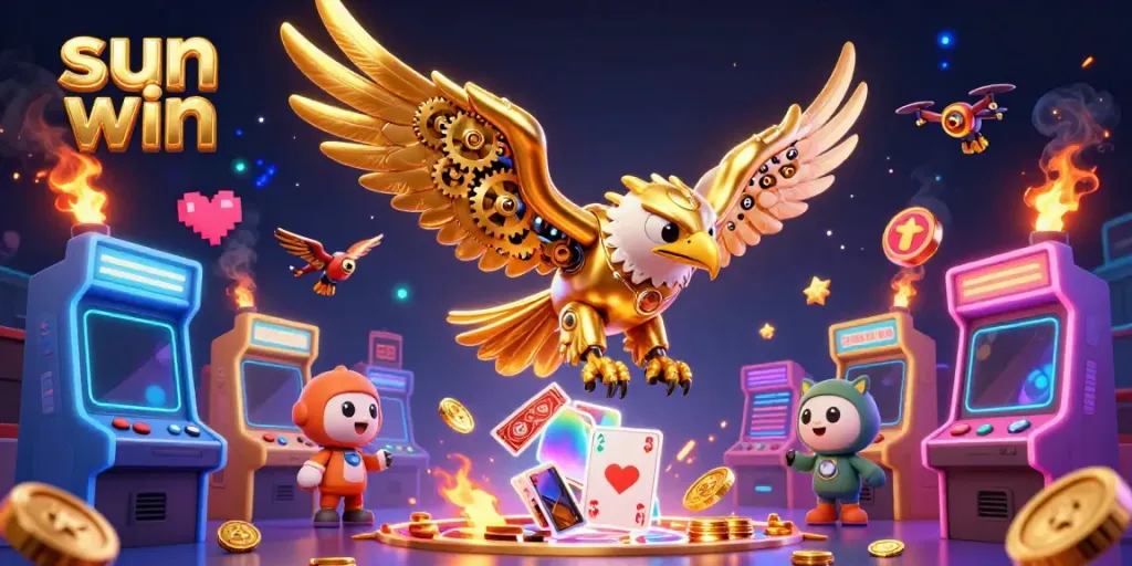Experience thrilling gameplay at sun win with a dynamic illustration of a golden eagle soaring through digital cards amidst vibrant casino elements.