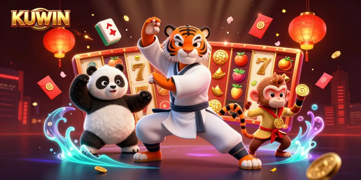 Engage with KUWIN for a thrilling slot experience featuring vibrant characters and festive casino elements.