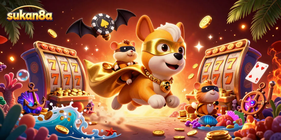 Sukan8a's vibrant 3D casino adventure features a superhero dog flying with gold coins, showcasing exciting gameplay elements.