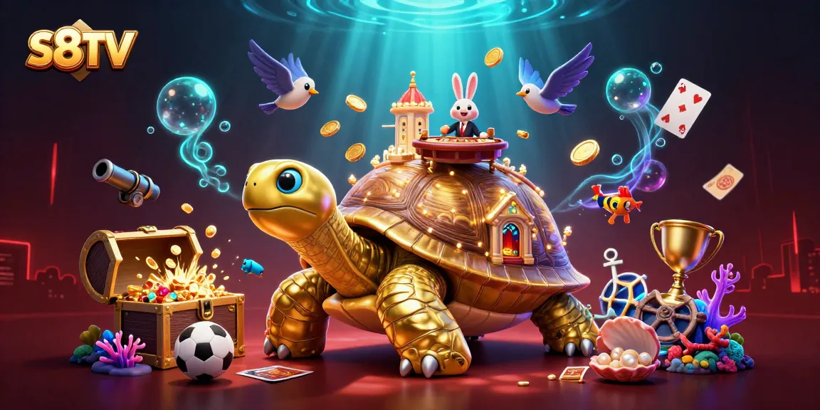 Experience thrilling sports betting action with S8TV's vibrant 3D casino scene showcasing a golden tortoise and live dealer.