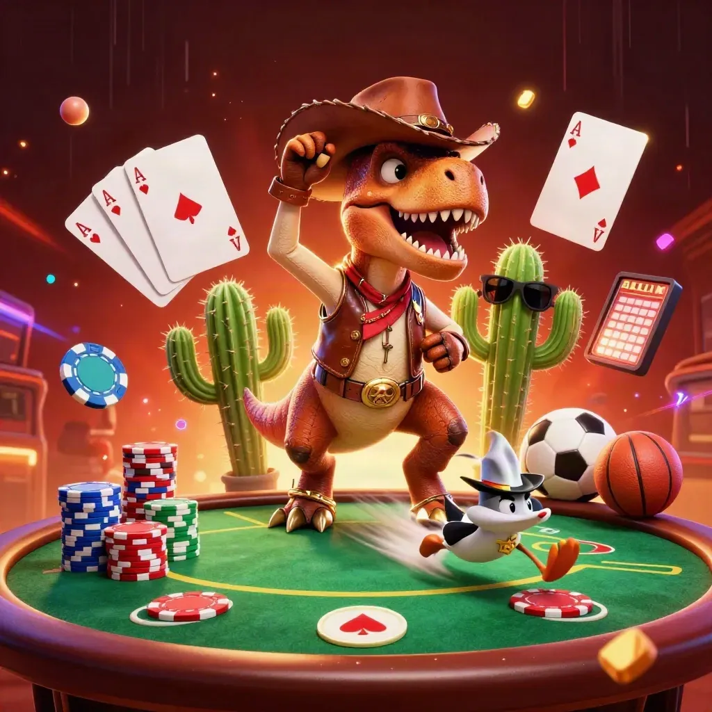 Cowboy T-Rex, cactus, and roadrunner amid poker chips, aces, sports balls, and neon energy.