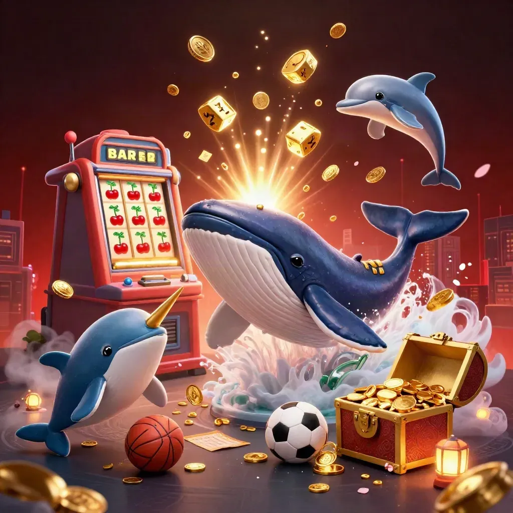 Neon cartoon whale captain, narwhal, dolphins, treasure, slot burst, and sports props in dark red light.