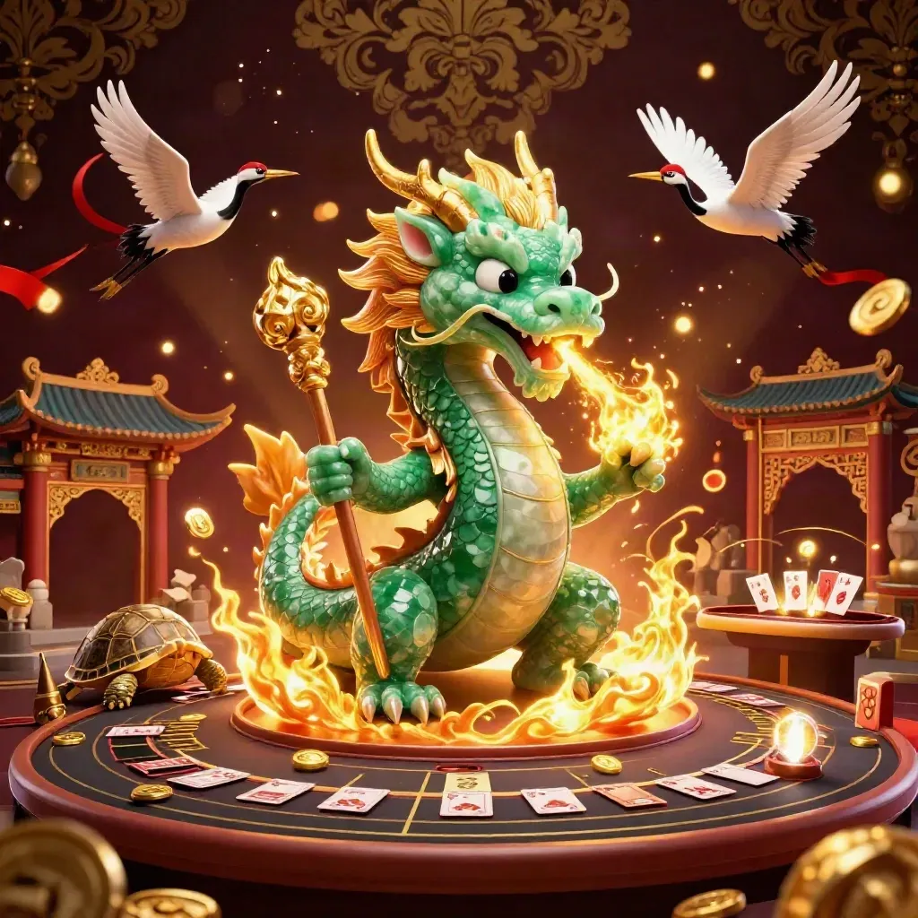 Jade dragon, sage turtle, and cranes in a luxe casino hall with gold fire and glowing tables.