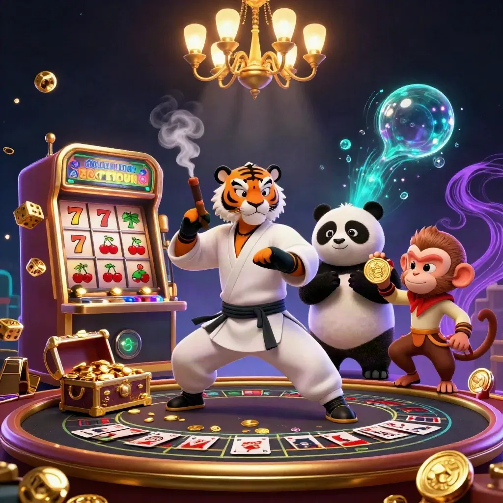 Tiger, panda, and monkey amid casino jackpots, brass, and chandelier glow.