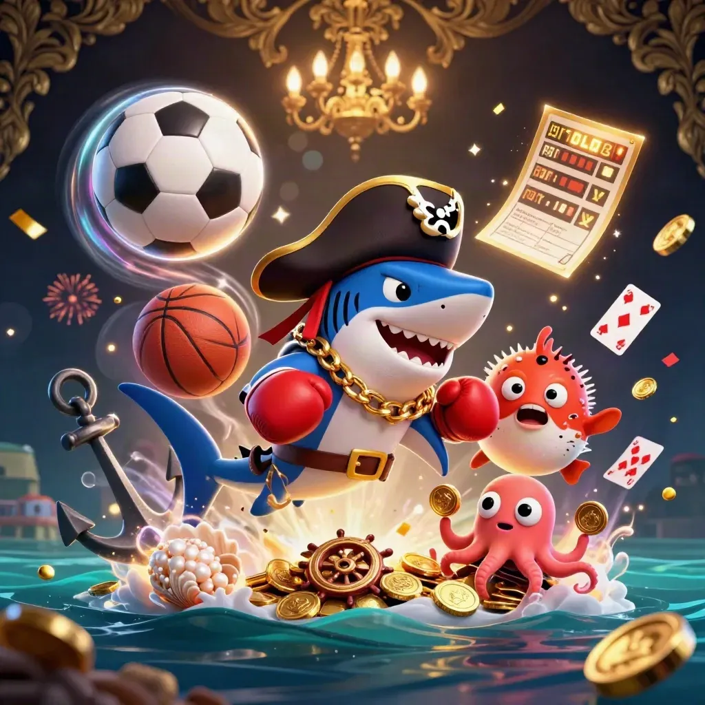 Pirate shark, boxing pufferfish and coin-juggling octopus amid gold coins and underwater sparks