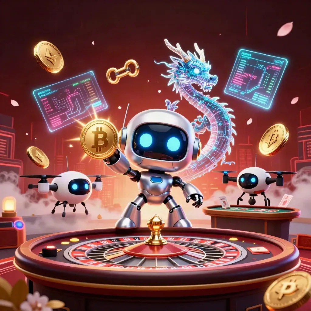 Cyberpunk robot, holographic dragon, and drone in a luxe live-casino room with glowing gold accents.