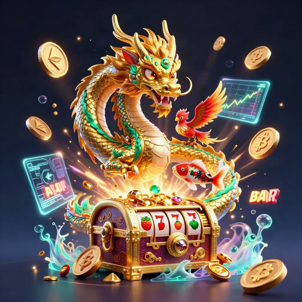 Golden dragon, phoenix, and koi guard a bursting treasure chest amid neon coins and casino magic.
