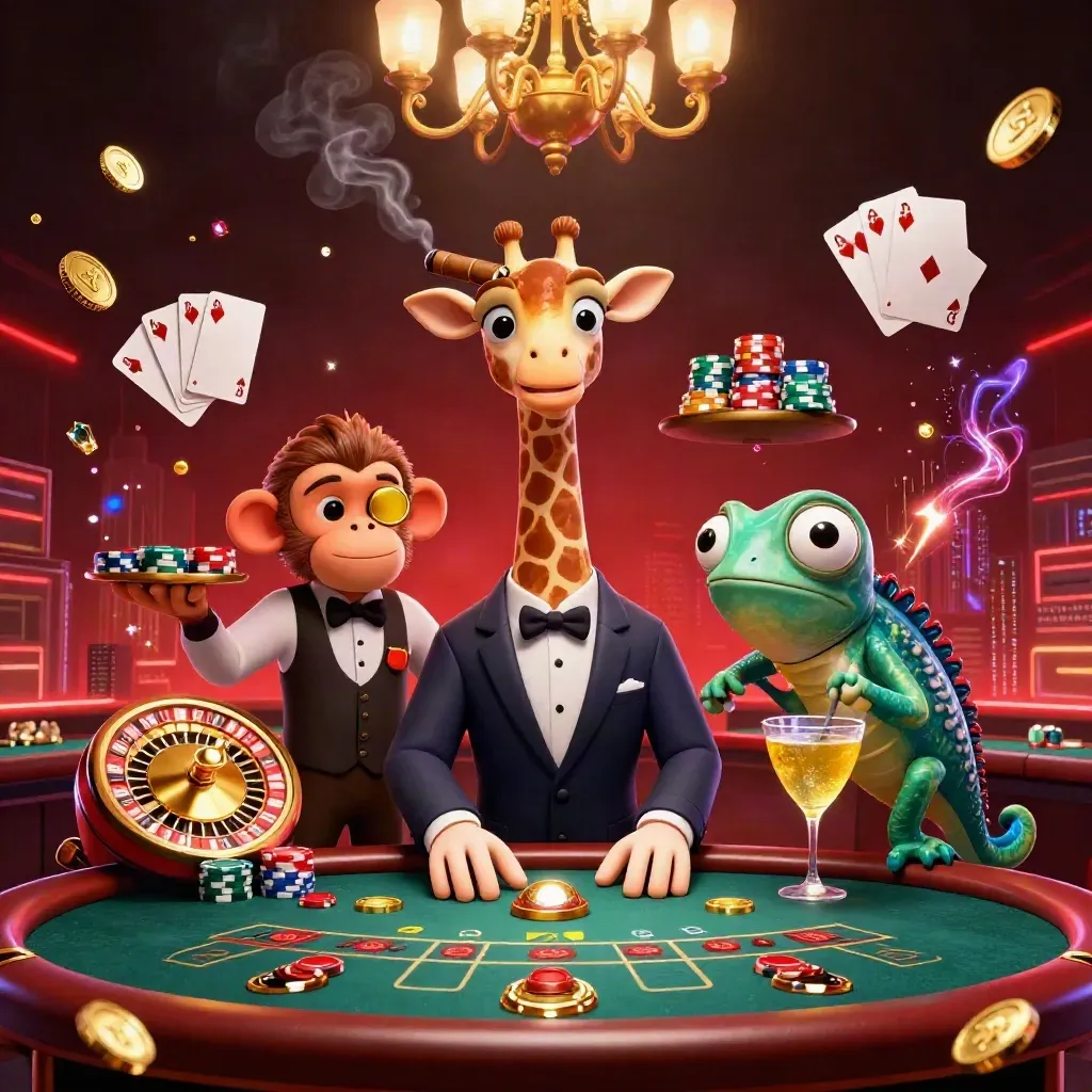 Giraffe high roller, monkey valet, and chameleon bartender in a glowing luxury casino scene.
