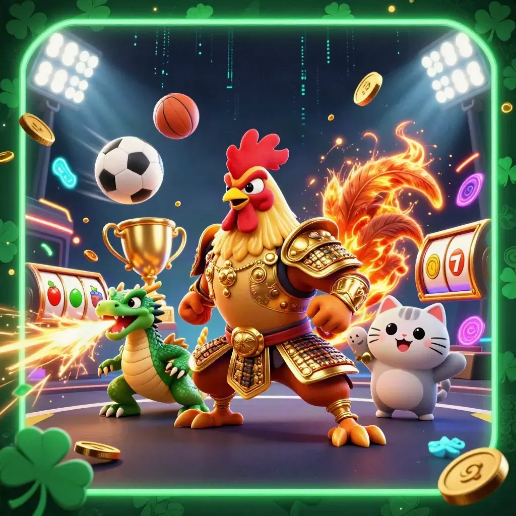 Rooster samurai, spark-breathing dragon hatchling and cheering fortune-cat amid casino sports flair.