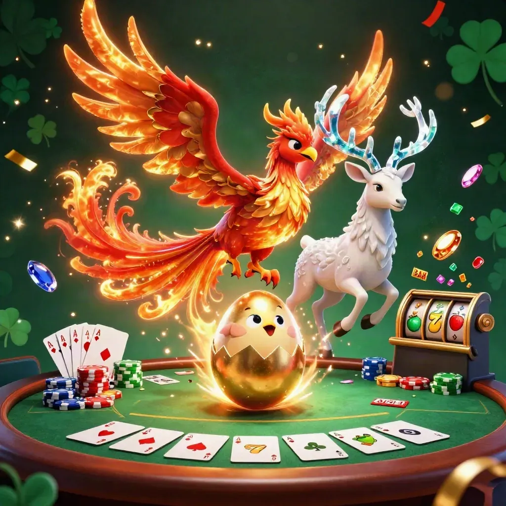 Phoenix, baby hatchling, and crystal stag amid casino chips, cards, and emerald glow.
