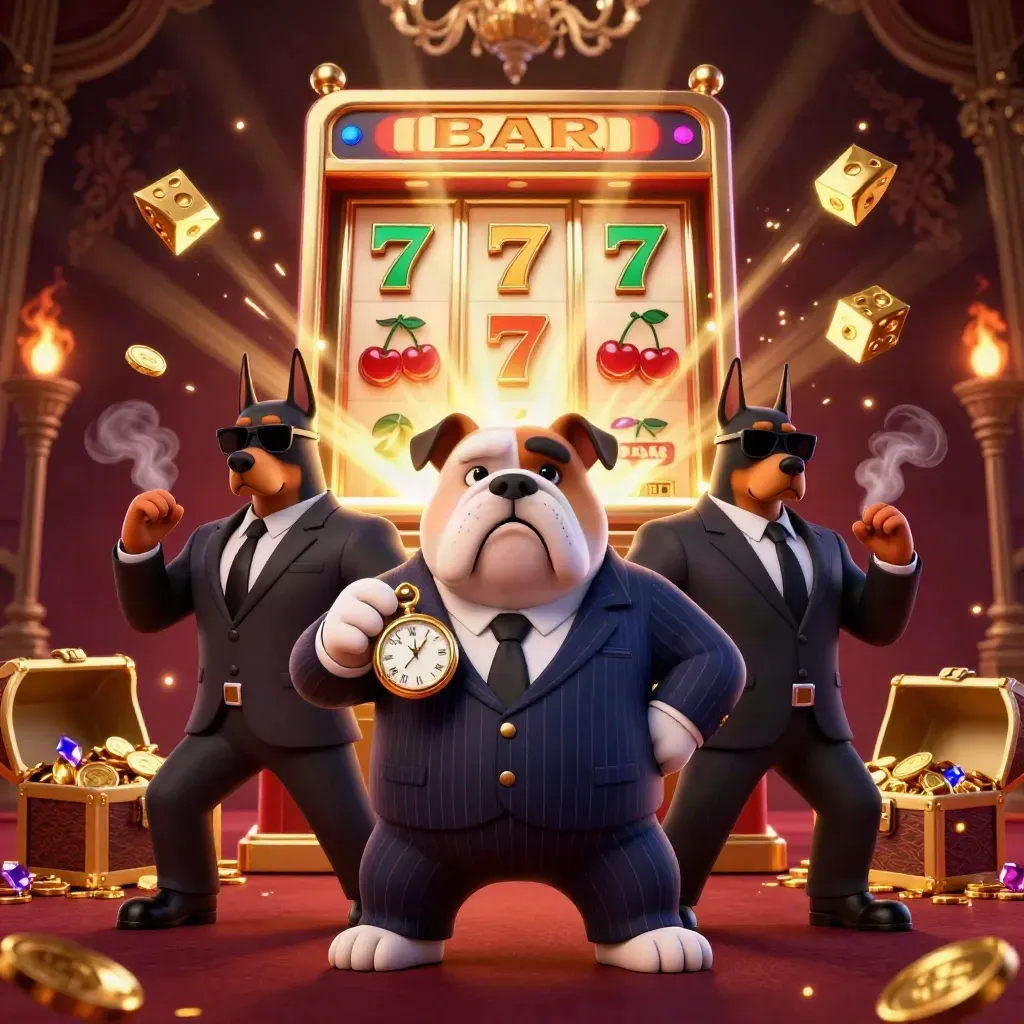Bulldog boss and Doberman guards amid bursting slot machine, gold, gems, and treasure.