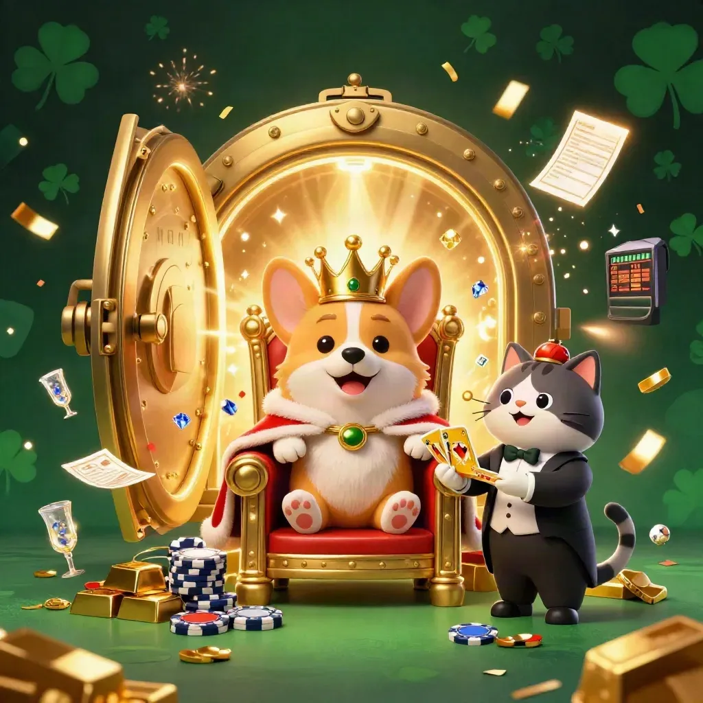 Crown-crowned corgi and cat butler amid vault treasures, confetti, fireworks, and casino sports betting icons.