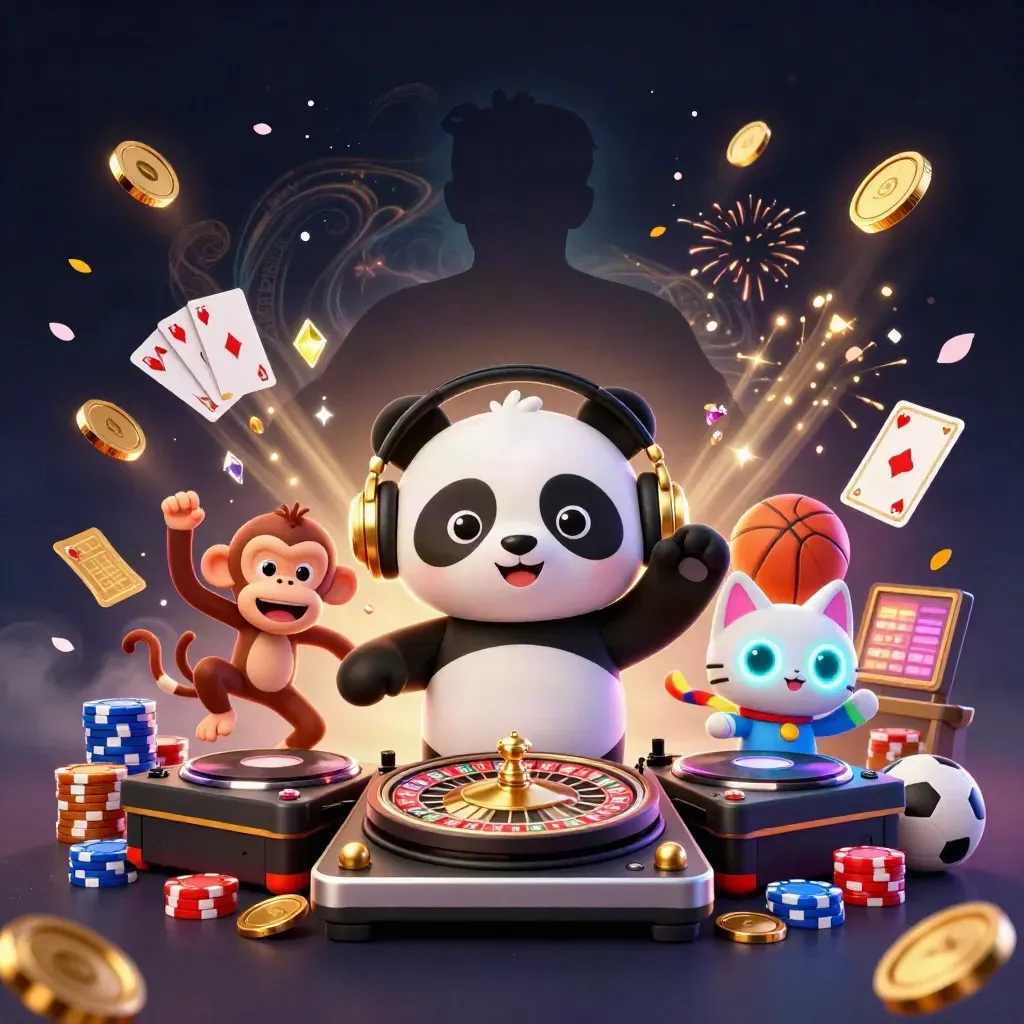 DJ panda, dancing monkey and rave kitten amid exploding coins, gems and casino lights.
