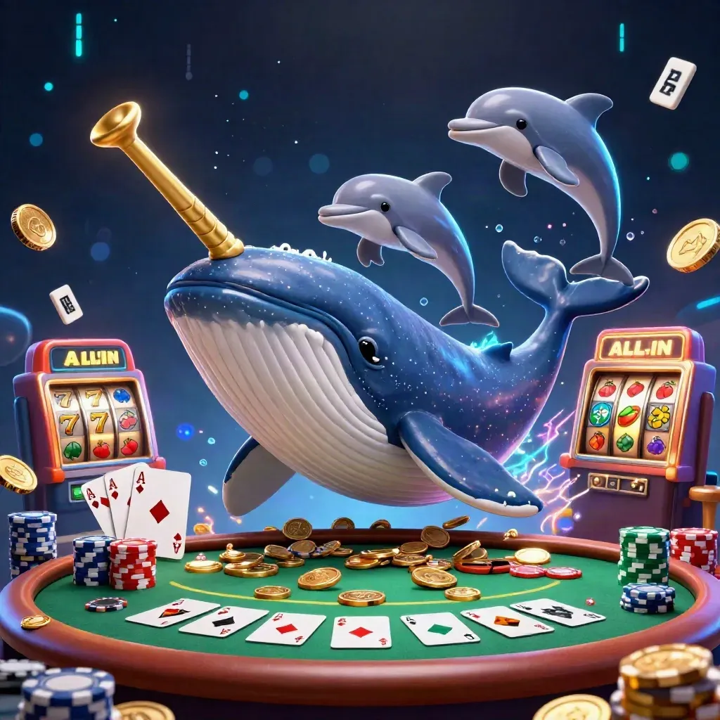 Whale captain, narwhal, and dolphins burst through coins with casino cards, chips, reels, and glowing effects.