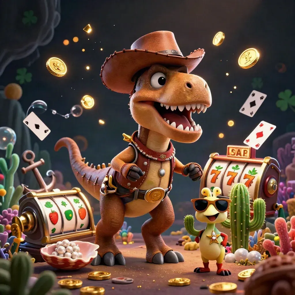 Cowboy T-Rex, cactus sidekick and roadrunner amid treasure, coins and casino reels