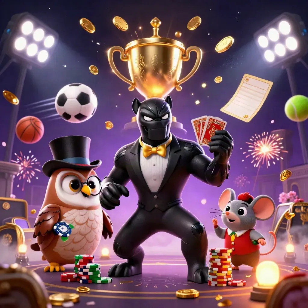 Panther, owl and mouse amid coins, sports balls, trophy and fireworks in a premium casino burst