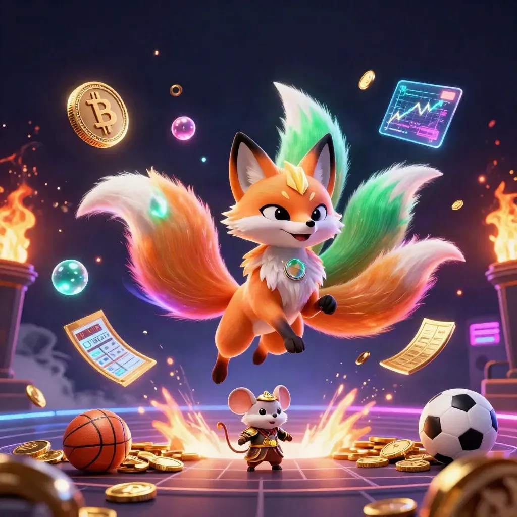 Neon fox spirit and samurai mouse burst from gold coins with soccer and crypto symbols in a dark casino scene.