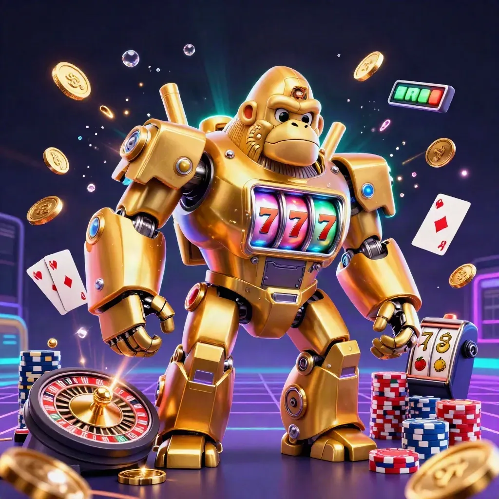 Golden gorilla slot mech with monkey pilot, coins, chips, roulette, cards, neon glow