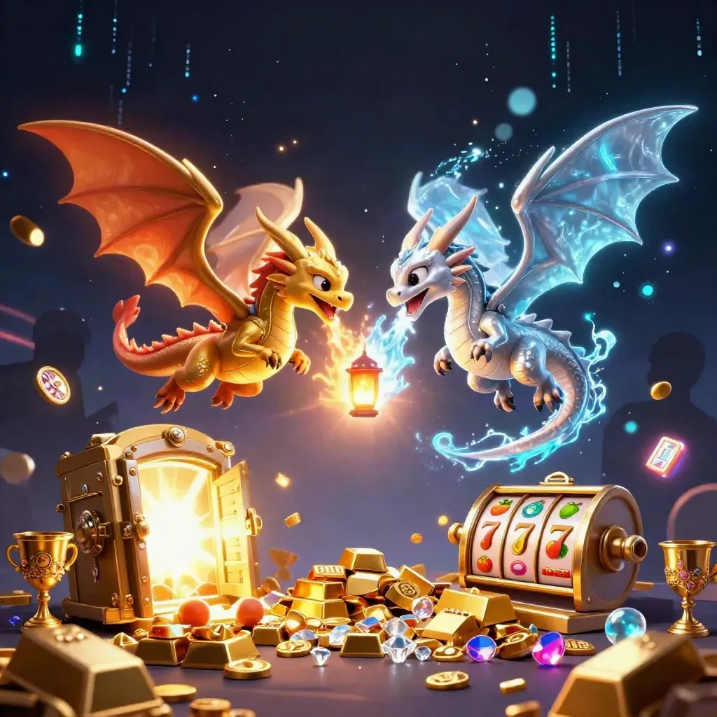 Twin gold and silver dragons spiral around a glowing vault amid coins, gems, reels and neon magic.