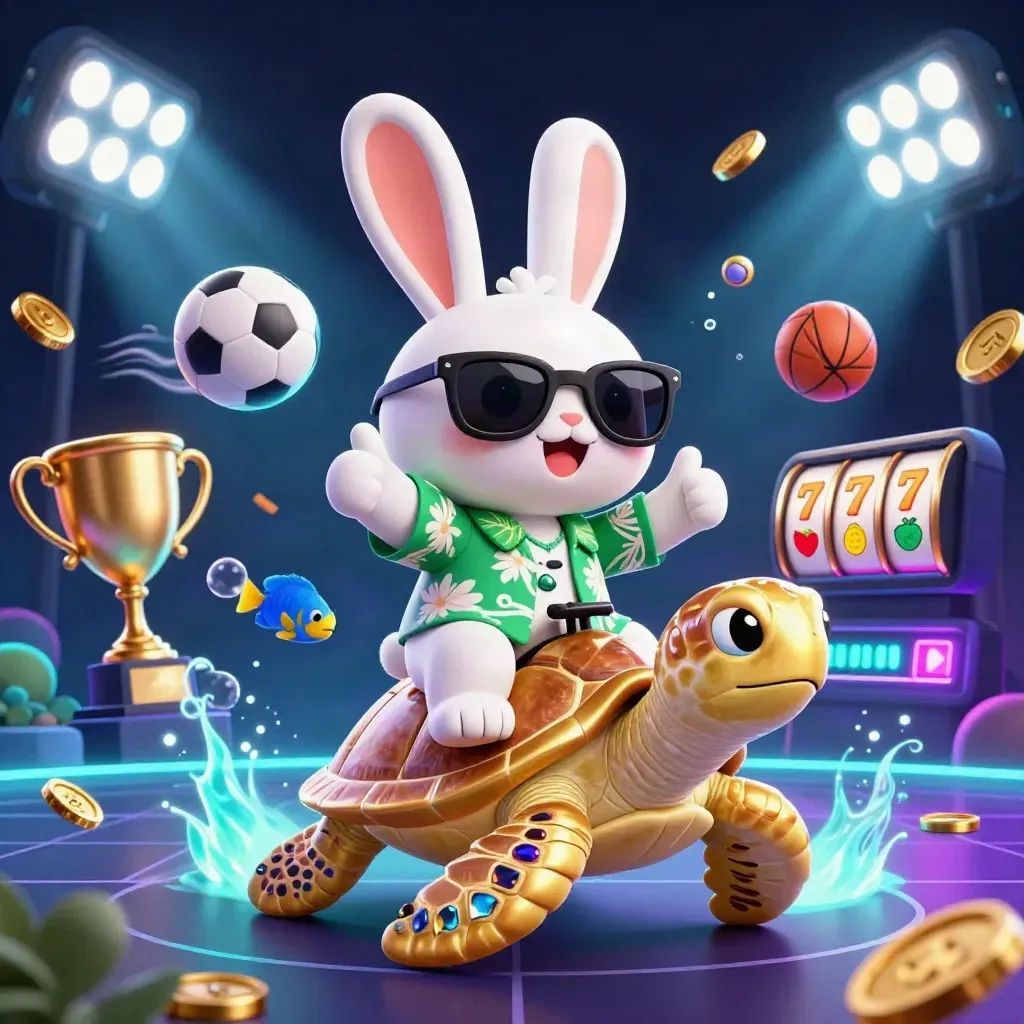 Rabbit in shades rides a jeweled turtle amid sports balls, coins, reels, and neon lights.