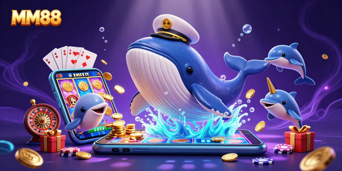 Play and win at MM88 with a cartoon whale, narwhal, and playful dolphins amidst vibrant gold and casino elements.