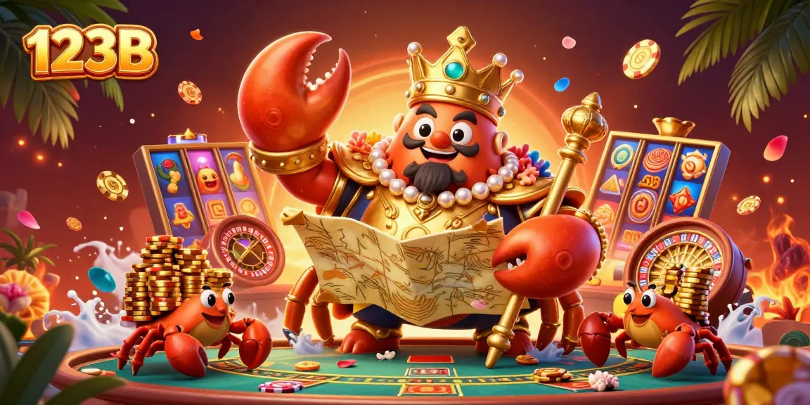 Engage with thrilling slots and jackpots at 123B casino, featuring an extravagant golden crab emperor.