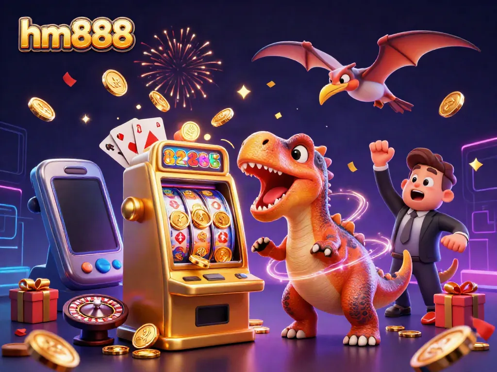 Engage with hm888 as a pachycephalosaurus scores a jackpot on a slot machine amidst a vibrant casino scene.