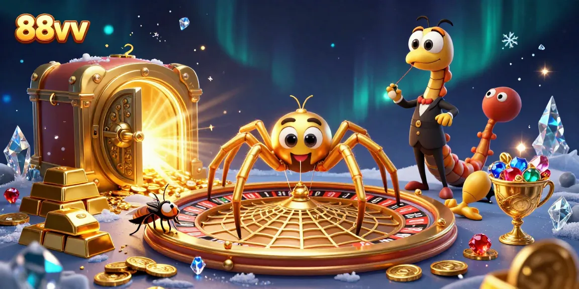 Experience the excitement of 88vv with a cartoon spider spinning a roulette wheel web, as a fly places nervously placed bets.