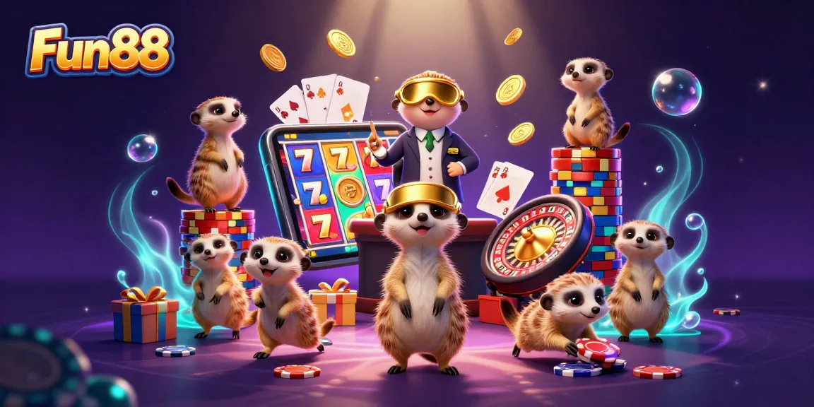Fun88 meerkats engaging in a lively casino operation with vibrant slot game visuals.
