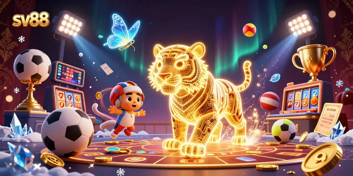 Engage in thrilling gambling experiences with sv88 featuring a neon-wireframe tiger in a vibrant casino.