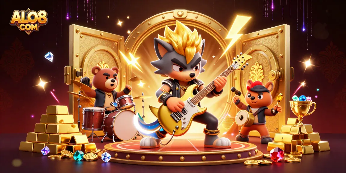 Experience thrilling wins at ALO8 COM with vibrant casino scene featuring cartoon characters and treasures.