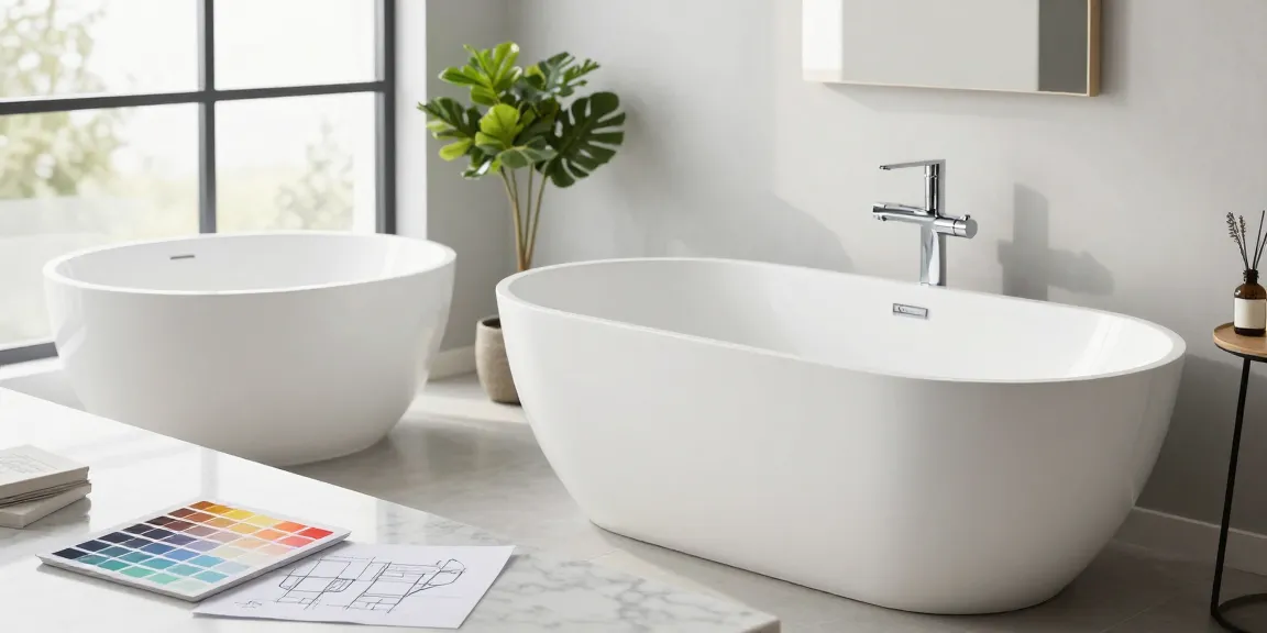 KKR solid surface freestanding bathtub and wall basin in a modern bathroom design.