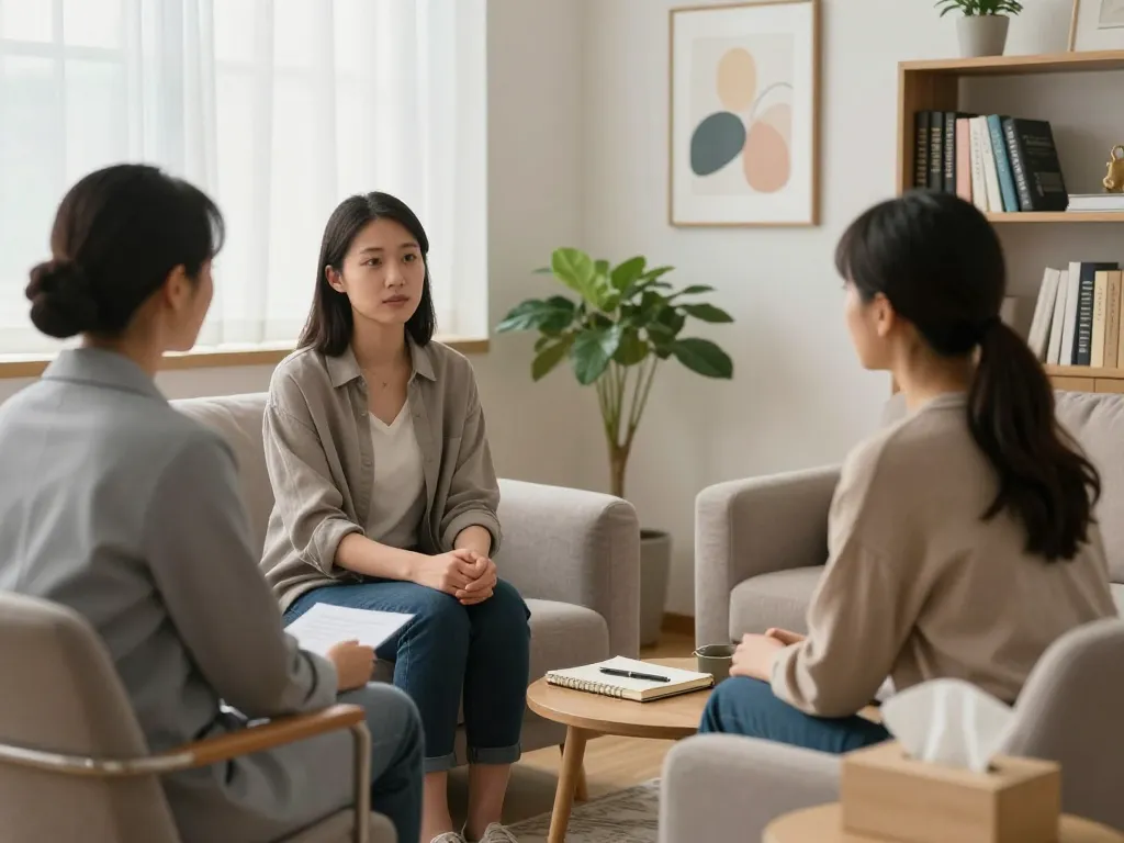 Therapy session discussing 焦慮症 in a calming psychologist's office with soft lighting and comforting decor.