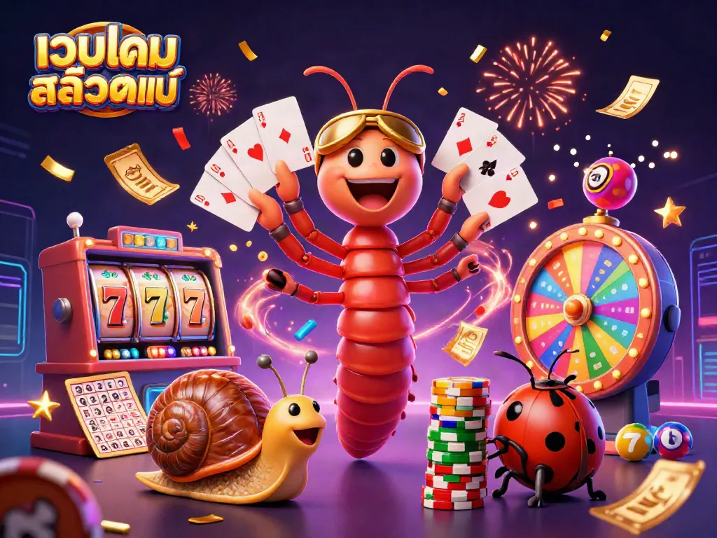 Play exciting slots at เว็บเกมสล็อตแท้ with vibrant characters and dynamic casino elements celebrating.