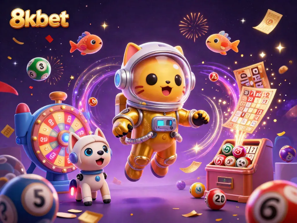 8xbet's dynamic online gaming experience featuring a cartoon astronaut cat, exciting rewards, and colorful lottery elements.