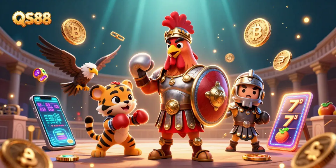 Experience thrilling wins with QS88 in this dynamic casino illustration featuring crypto and slot elements.