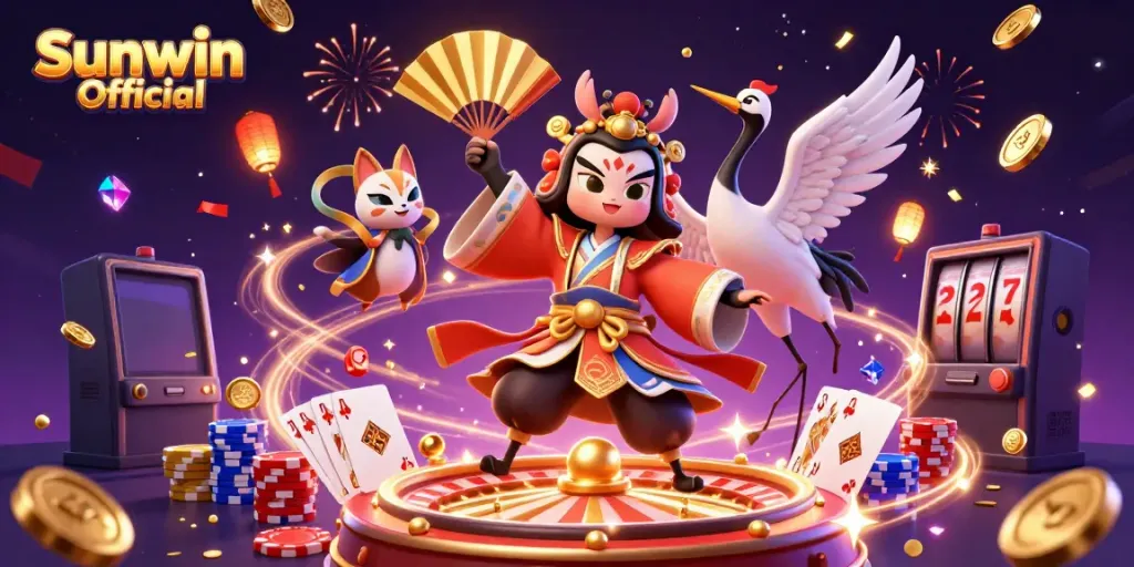 Engage in exhilarating gameplay with Sunwin Official's vibrant casino scene showcasing dynamic characters, games, and winning elements.