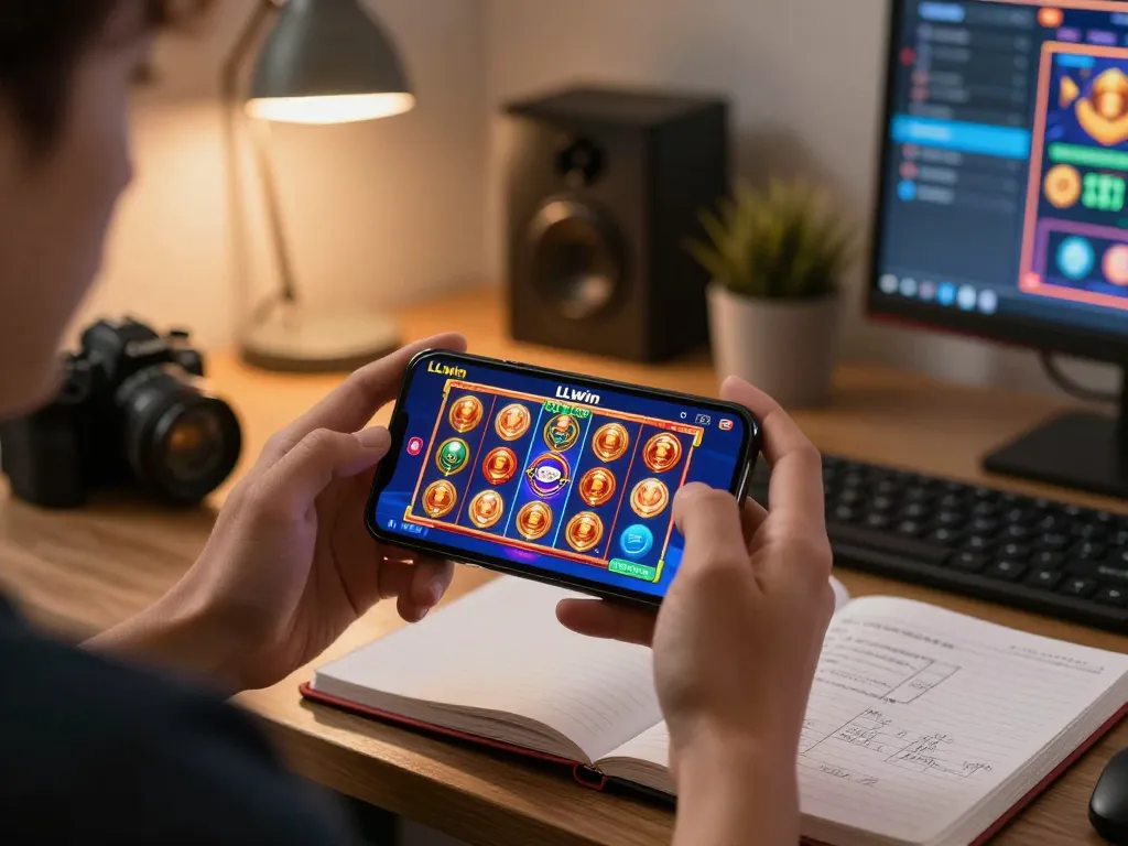 Engaging with LLwin com mobile casino app in a cozy home office, vibrant slot game displayed on smartphone.