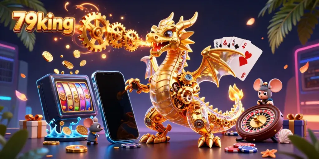 Bet on winning with 79king's immersive 3D illustration of a casino experience featuring a golden dragon and game elements.