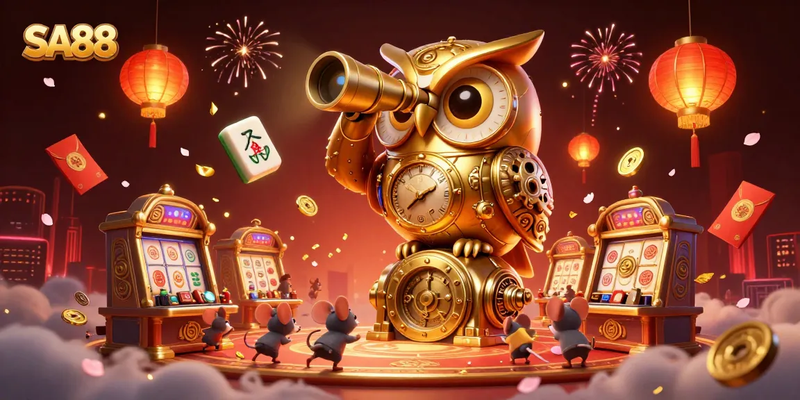 SA88 offers thrilling experiences with a vibrant casino scene featuring glittering gold elements and animated characters.