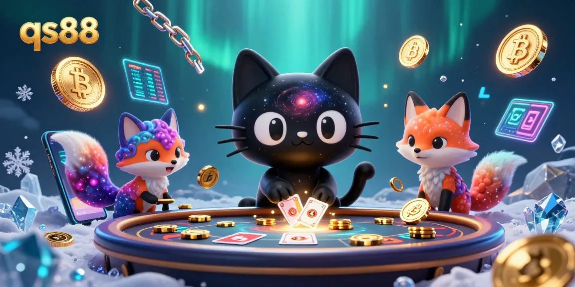 Experience winning strategies at qs88 with a cosmic cat-themed casino illustration featuring dazzling game elements.