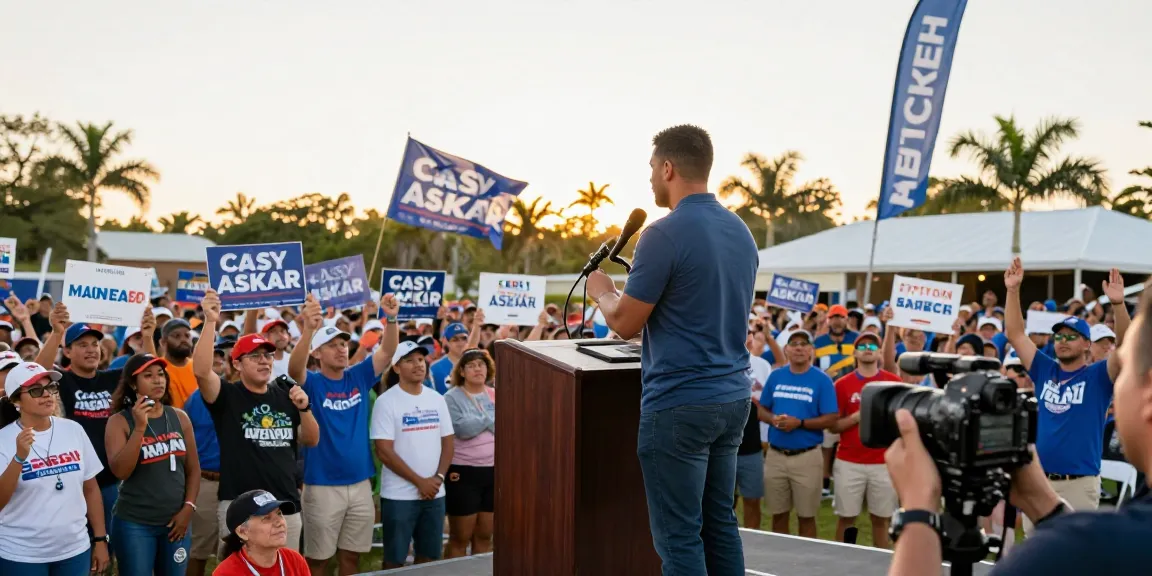 Casey Askar speaking at a lively political rally in Florida, engaging with enthusiastic supporters.