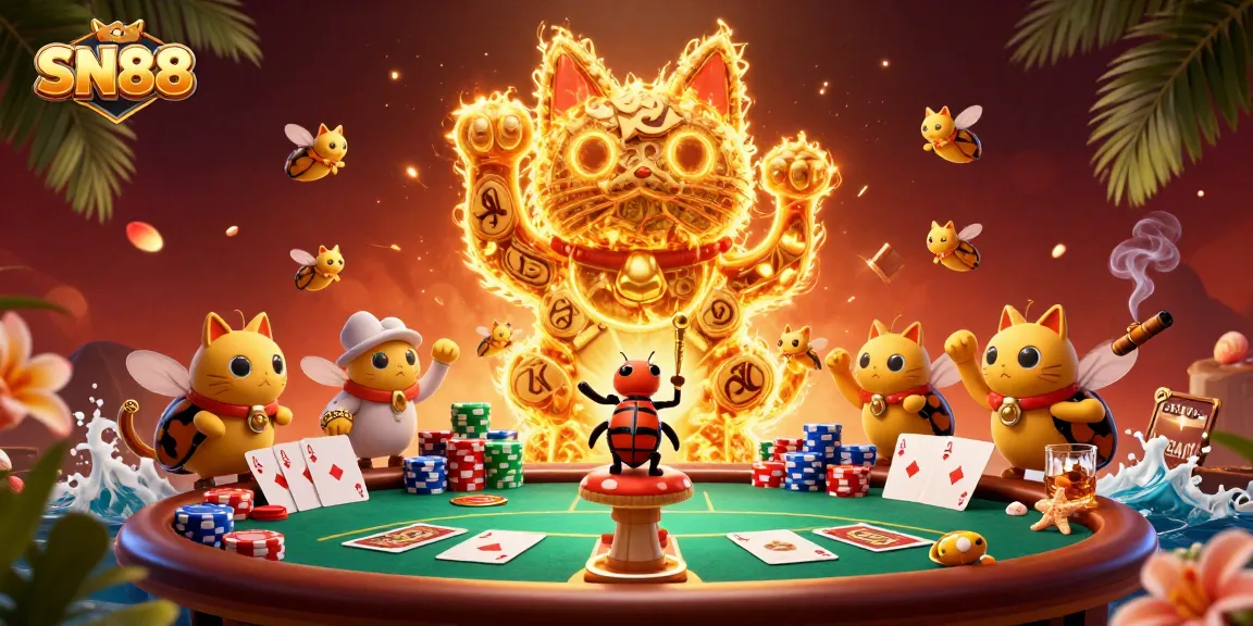 Experience thrilling bets with SN88's dynamic lucky cat casino illustration.