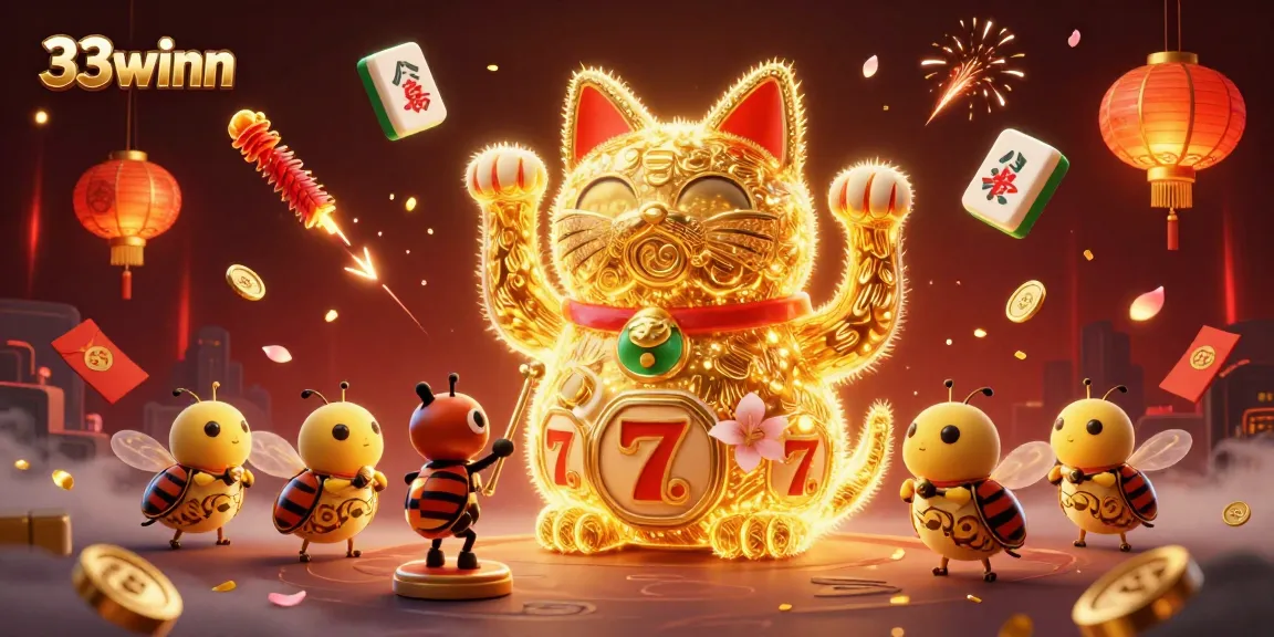 Experience the excitement of 33winn as a lucky cat waves amid casino symbols in a vibrant festival scene.