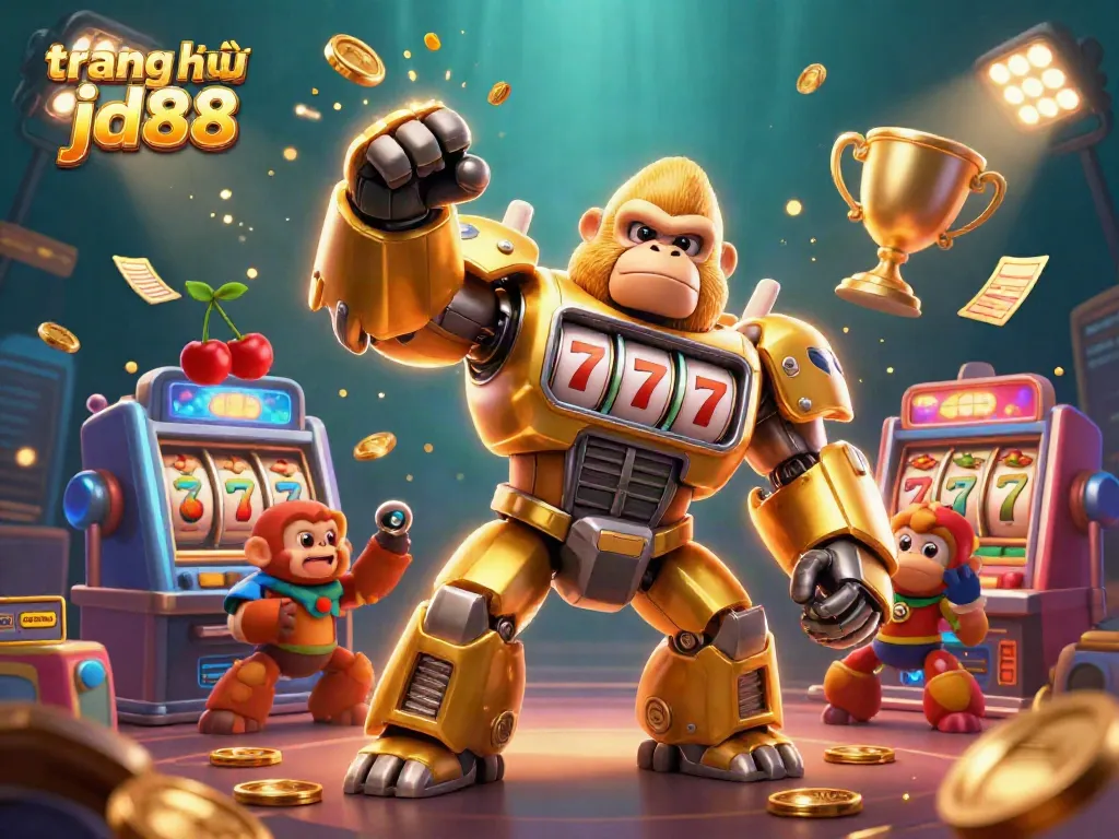 Experience the excitement of trang chủ jd88 with a dynamic 3D casino-themed illustration showcasing a golden gorilla mech.