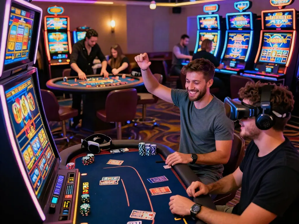 Players celebrating wins at casinos that take credit cards while enjoying vibrant gaming atmosphere