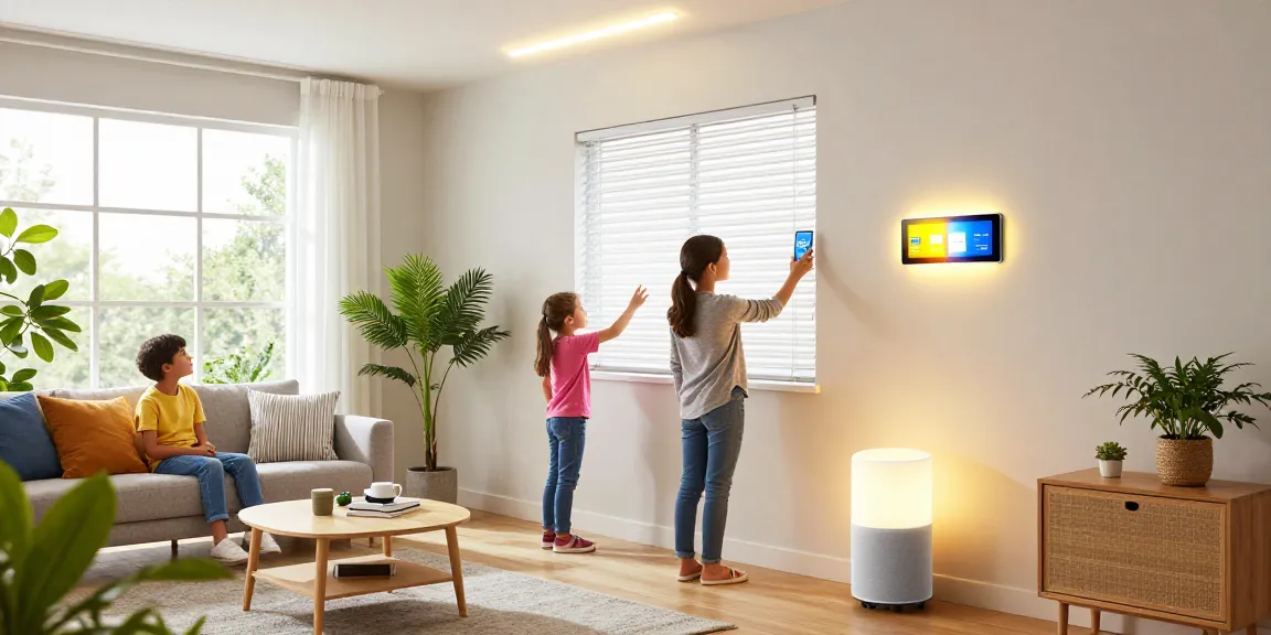 Family enjoying an IKEA smart home setup with smart lighting and controls in a modern living room.