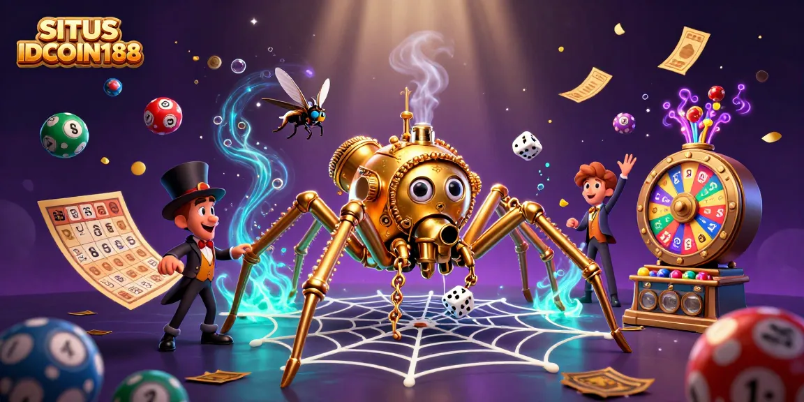 SITUS IDCOIN188 showcases a vibrant 3D casino art with a steampunk spider and dynamic lottery elements.